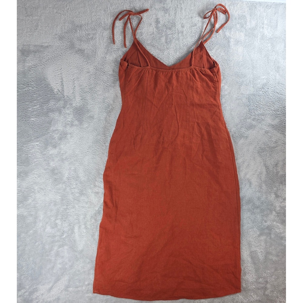 Abercrombie & Fitch Women Med Terracotta Linen Blend Midi Dress Slit Tie Strap - Picture 9 of 9